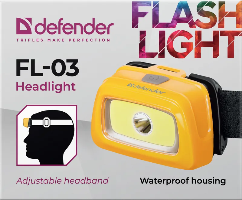 Defender - Фонарь налобный FL-03, LED+COB, 3 режима